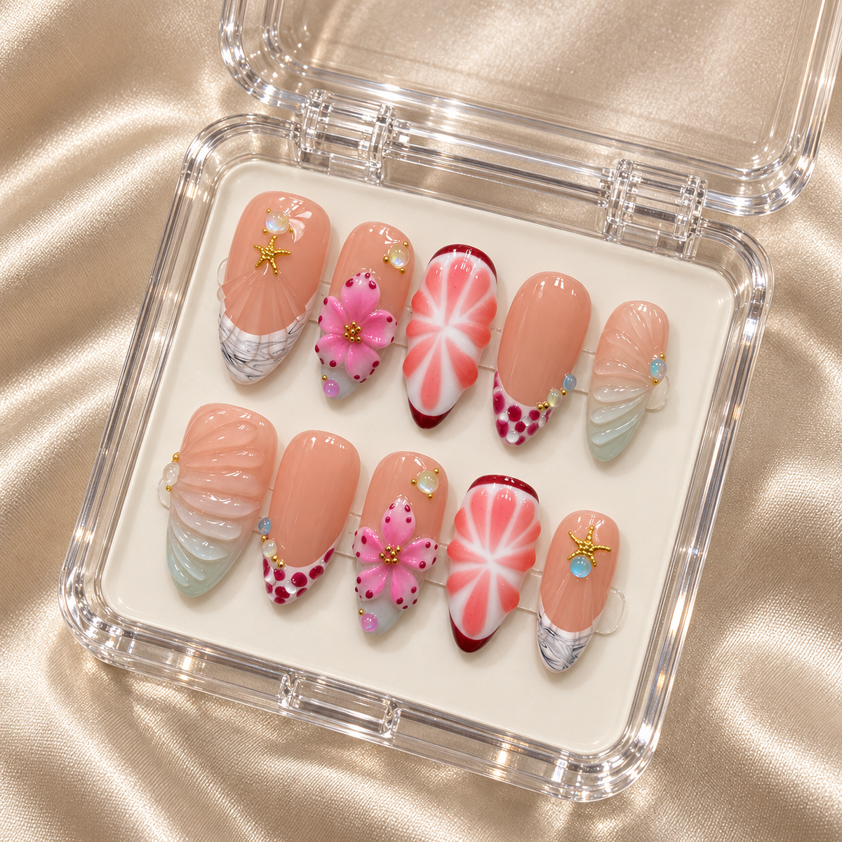 Coral Cabana | Coral Flower & Shell Press-On Nails