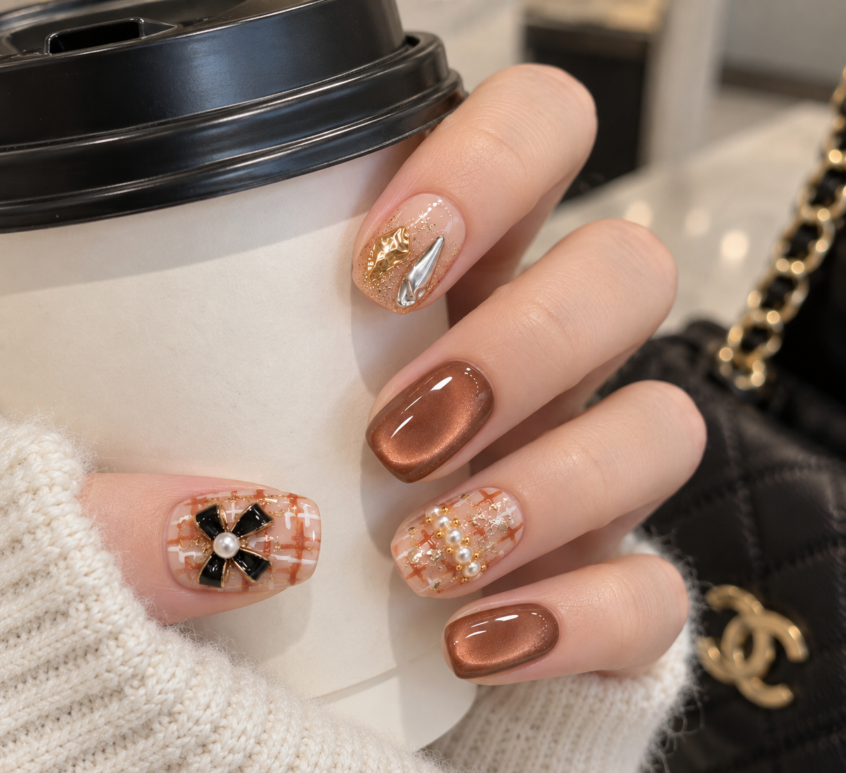 Mocha Pearl Bow | Cat-Eye Press-On Nails