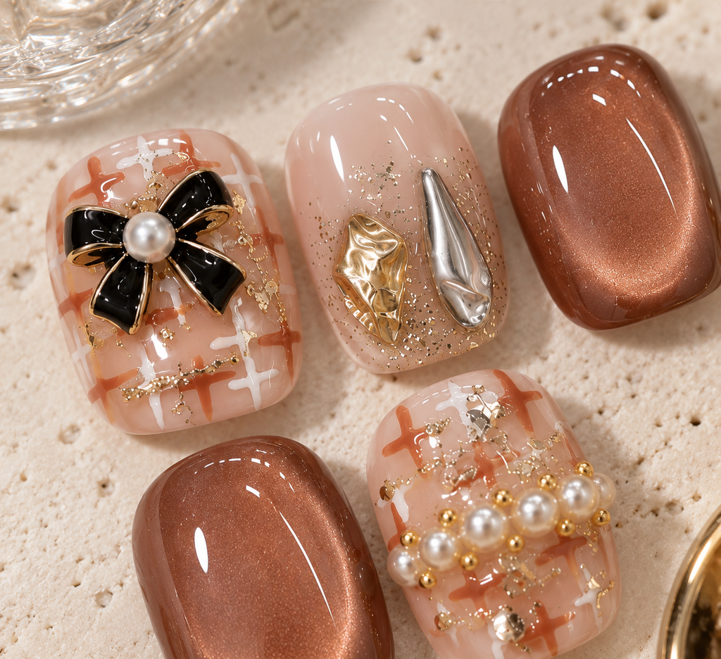 Mocha Pearl Bow | Cat-Eye Press-On Nails