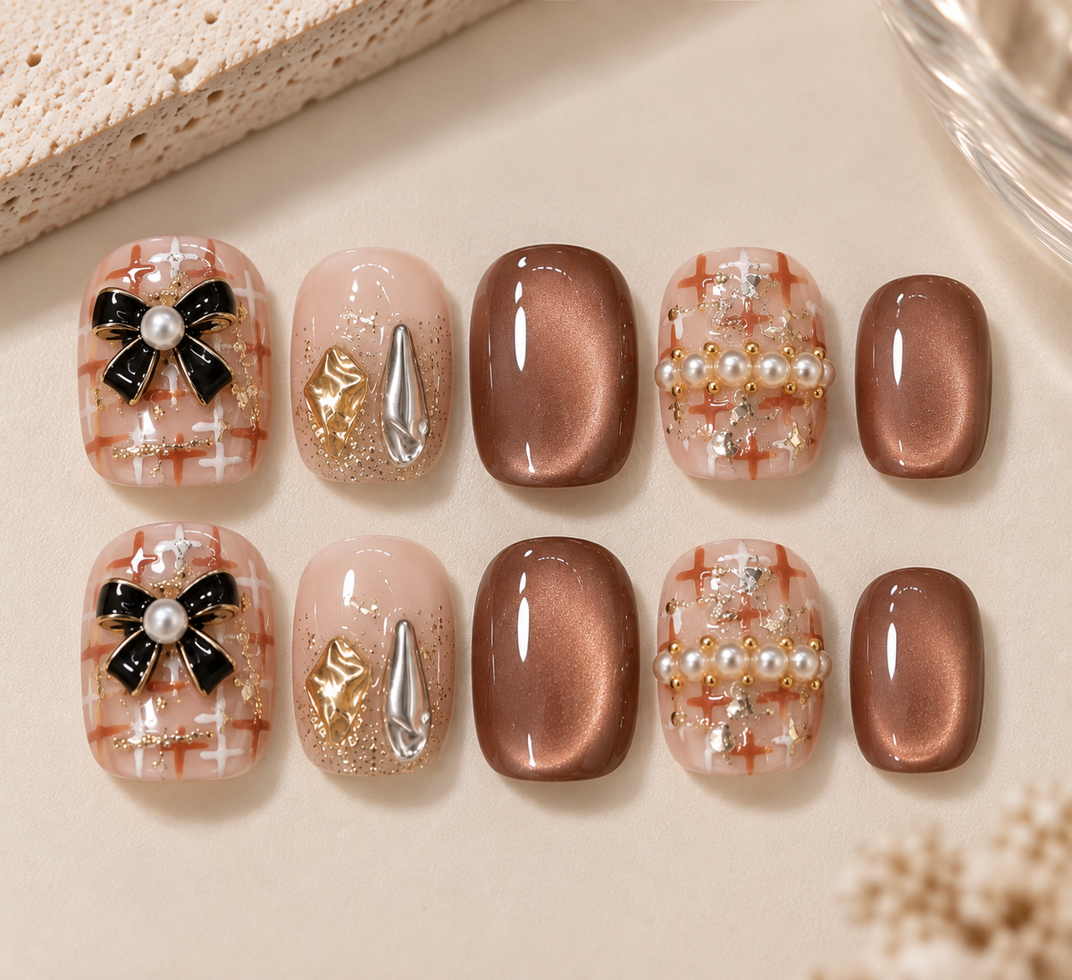 Mocha Pearl Bow | Cat-Eye Press-On Nails