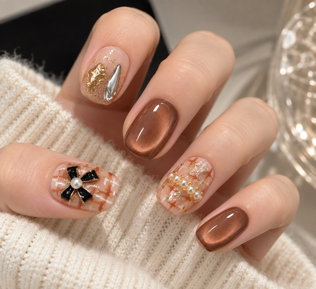 Mocha Pearl Bow | Cat-Eye Press-On Nails