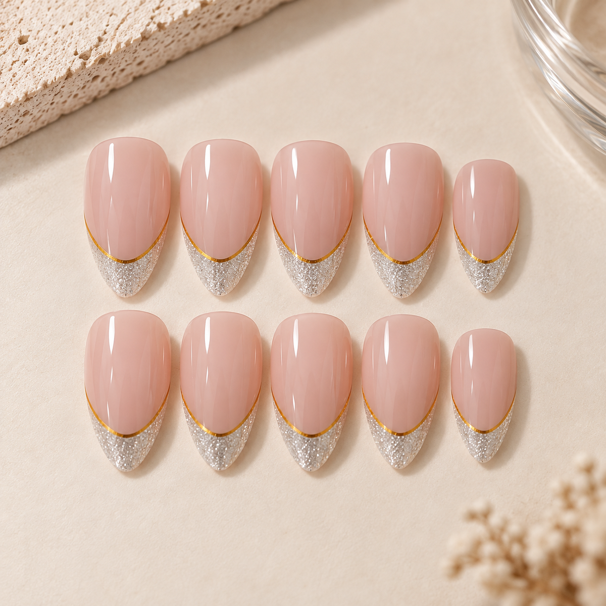 Golden Veil | Glitter French Press-On Nails